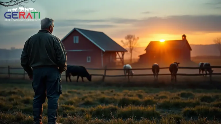 Ein Landwirt steht nachdenklich auf seinem Hof, während seine Kühe auf der Weide grasen. Die aufgehende Sonne taucht die Szene in ein warmes, aber melancholisches Licht.