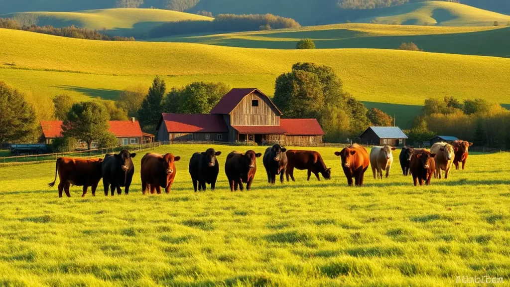 Eine friedliche ländliche Szenerie mit Kühen auf einer grünen Weide und einem Bauernhof im Hintergrund.