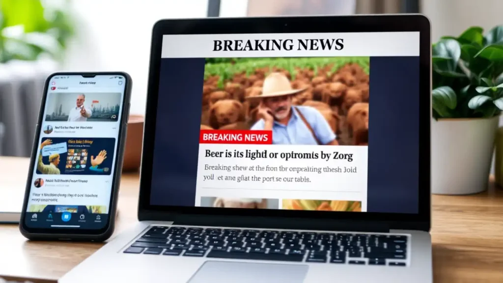 Ein Laptop zeigt eine unscharfe Nachricht über einen Landwirt, während daneben Social-Media-Benachrichtigungen auf einem Smartphone erscheinen.