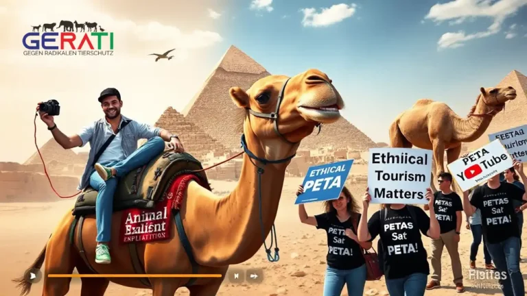 Ein gespaltenes Bild zeigt auf der einen Seite Mr. Beast, wie er auf einem Kamel in Gizeh reitet und die Szene mit seiner Kamera filmt. Die Atmosphäre ist lebendig und touristisch. Auf der anderen Seite ist ein erschöpftes, sichtbar mitgenommenes Kamel zu sehen, während Tierschutzaktivisten mit Protestschildern gegen Tierausbeutung demonstrieren.