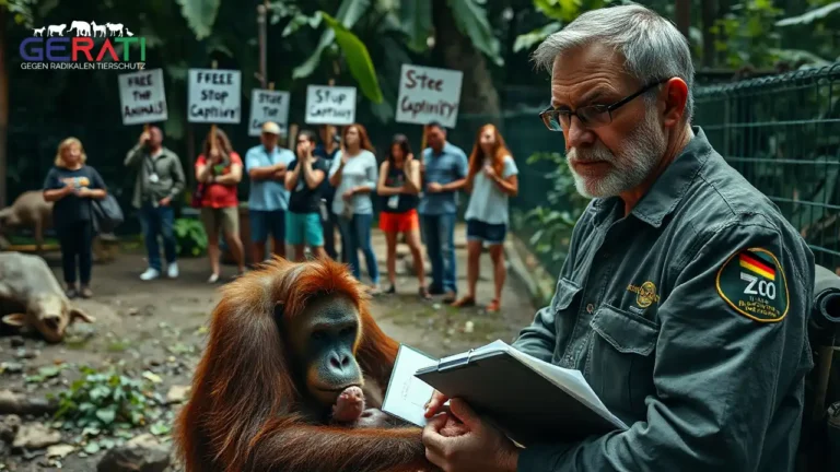 Ein Zookeeper kümmert sich um ein Orang-Utan-Baby, während Aktivisten aus der Ferne protestieren – ein Sinnbild für die Problematik von PETA Ferndiagnosen.