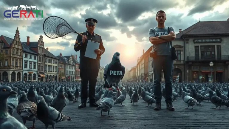 Eine symbolische Darstellung der Kontroverse um PETA und die geplante Taubentötung in Limburg. Im Bild sind Tauben auf einem historischen Platz zu sehen, während ein Aktivist mit verschränkten Armen protestiert und ein Stadtbeamter eine Fangvorrichtung hält.
