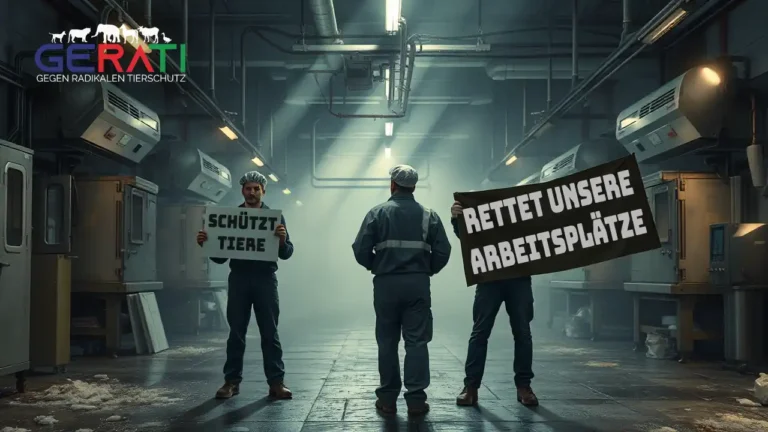 Eine dramatische Szene in einem Schlachthof: Ein Tierschützer mit Protestplakat steht einem Metzger mit „Arbeitsplätze retten“-Schild gegenüber. Die angespannte Atmosphäre spiegelt den Konflikt zwischen Tierschutz und wirtschaftlichen Interessen wider.