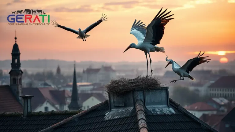 Ein Storchenpaar schwebt über einem historischen Gebäude in Landsberg am Lech, suchend nach seinem verschwundenen Nest. Die Vögel wirken orientierungslos, während die Abendsonne die Altstadtdächer in warmes Licht taucht.
