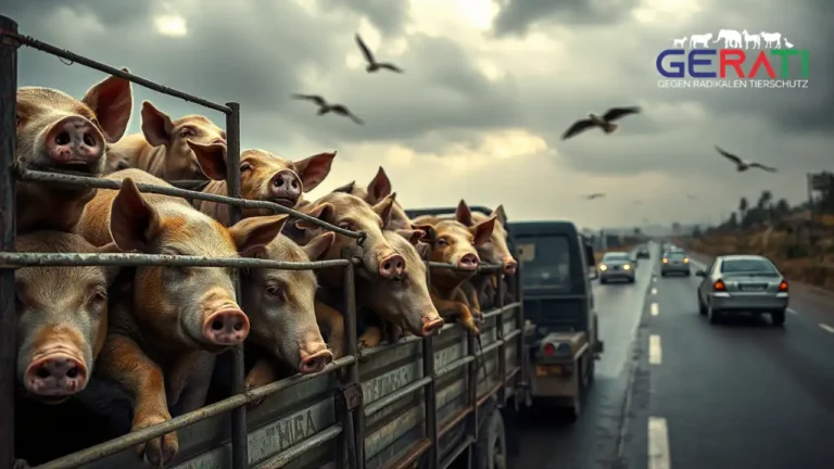 Ein überfüllter Tiertransporter auf einer regennassen Straße, die Tiere blicken durch die Gitter mit erschöpften und verängstigten Augen. Die düstere Atmosphäre verstärkt das Gefühl von Enge und Leiden.