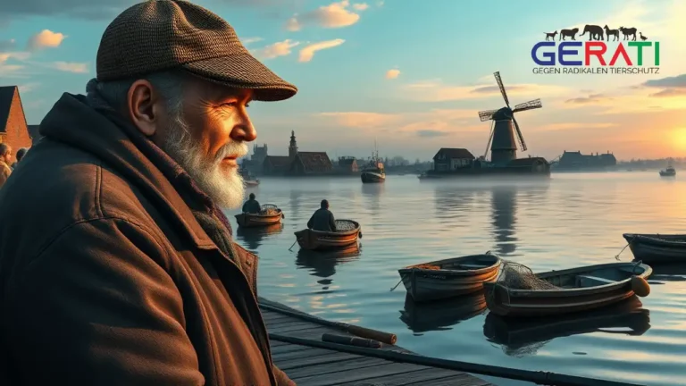 Ein stimmungsvoller Morgen an der Schlei mit Anglern am Ufer, die ihrer Tradition nachgehen. Ein großes Schild mit der Aufschrift „Fishing Ban?“ weist auf die Debatte über das Angelverbot auf Heringe in der Schlei hin. Im Hintergrund ist die Stadt Kappeln mit ihren historischen Gebäuden und einem Windrad zu sehen.