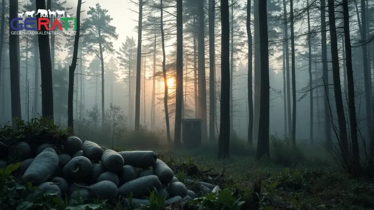 Ein nebliger Wald in den frühen Morgenstunden mit einer verstreuten Menge Rüben im Vordergrund, die auf eine illegale Wildfütterung hinweisen. Im Hintergrund ist ein hölzerner Hochsitz verborgen zwischen den Bäumen. Das Bild vermittelt eine geheimnisvolle und kontroverse Atmosphäre, die den Drückjagd-Abbruch thematisiert.