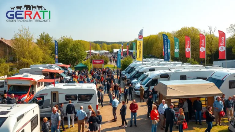 Fotorealistische Szene der Messe Boot & Angeln/Camping & Caravaning in Rostock mit zahlreichen Besuchern, Wohnmobilen, Zelten und Angelzubehör unter freiem Himmel.