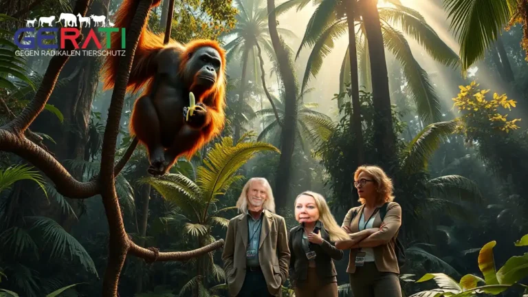 Ein fotorealistischer Orang-Utan sitzt auf einem dünnen Ast hoch über dem Boden eines tropischen Regenwalds und blickt nachdenklich auf drei Menschen hinab, die symbolisch für das Great Ape Project stehen. Das Bild spiegelt den kritischen Zustand des Impressum Great Ape Project wider.