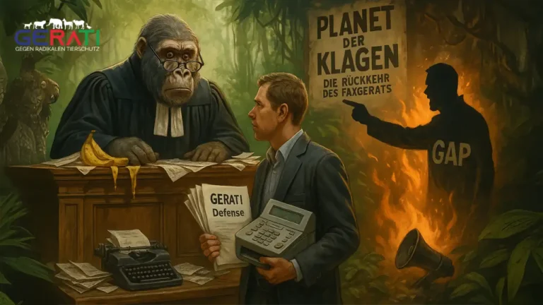Fotorealistische Darstellung eines surrealen Gerichtssaals im Dschungel mit einem Gorilla als Richter, einem Mann mit Faxgerät und juristischen Dokumenten, und einer theatralischen Anklägerfigur mit GAP-Banderole.
