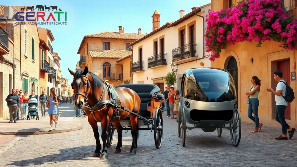 Traditionelle Pferdekutsche und moderne Elektrokutsche begegnen sich in einer historischen Gasse auf Mallorca