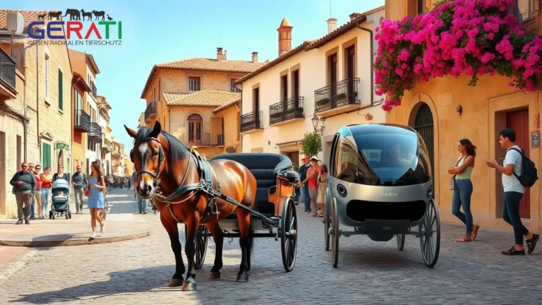 Traditionelle Pferdekutsche und moderne Elektrokutsche begegnen sich in einer historischen Gasse auf Mallorca