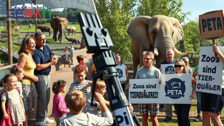 Fotorealistische Darstellung der „Kritik an PETA“ mit modernem Zoo auf der einen Seite und PETA-Demonstranten mit Protestplakaten auf der anderen Seite.