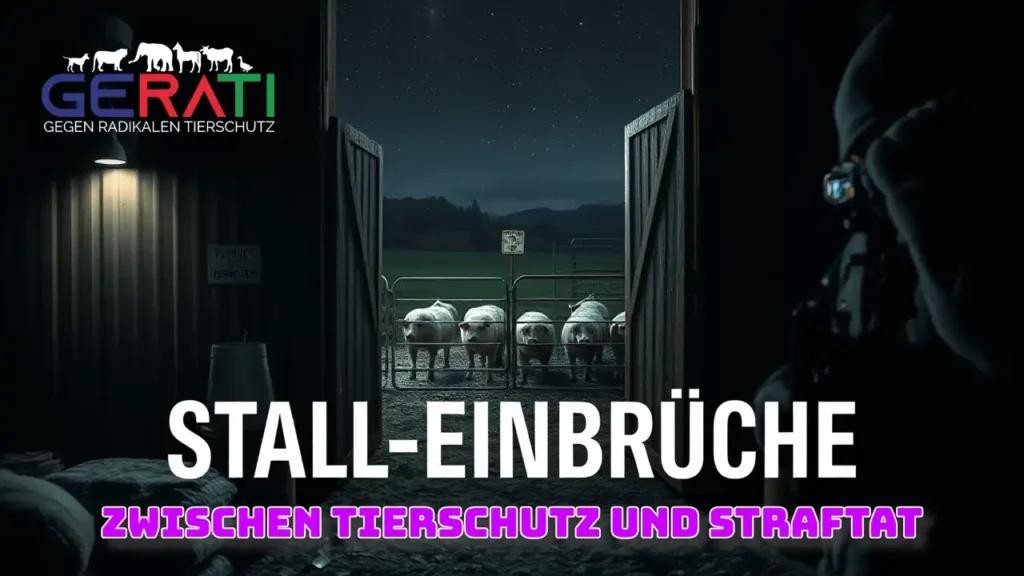 Vermummter Tierrechtsaktivist filmt nachts heimlich in einem Stall mit Schweinen, Überwachungskamera erfasst die Szene.