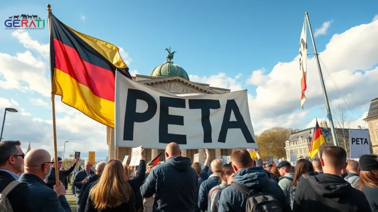 Symbolische Darstellung des Konflikts um die PETA Gemeinnützigkeit in Deutschland: Justitia vor einem Gericht mit schiefen Waagschalen, einem Aktivisten mit PETA-Schild und einem Beamten vor einem verschlossenen Aktenschrank mit der Aufschrift „Steuergeheimnis“.