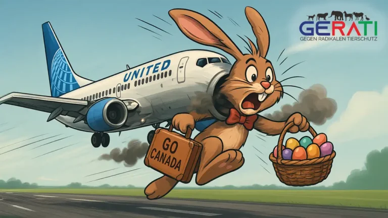 Ein Osterhase mit einem Ostereierkorb und einem „Go Canada“-Koffer wird beim Start einer Boeing 737-800 in ein Triebwerk eingesogen – Rauch steigt aus dem Triebwerk auf.