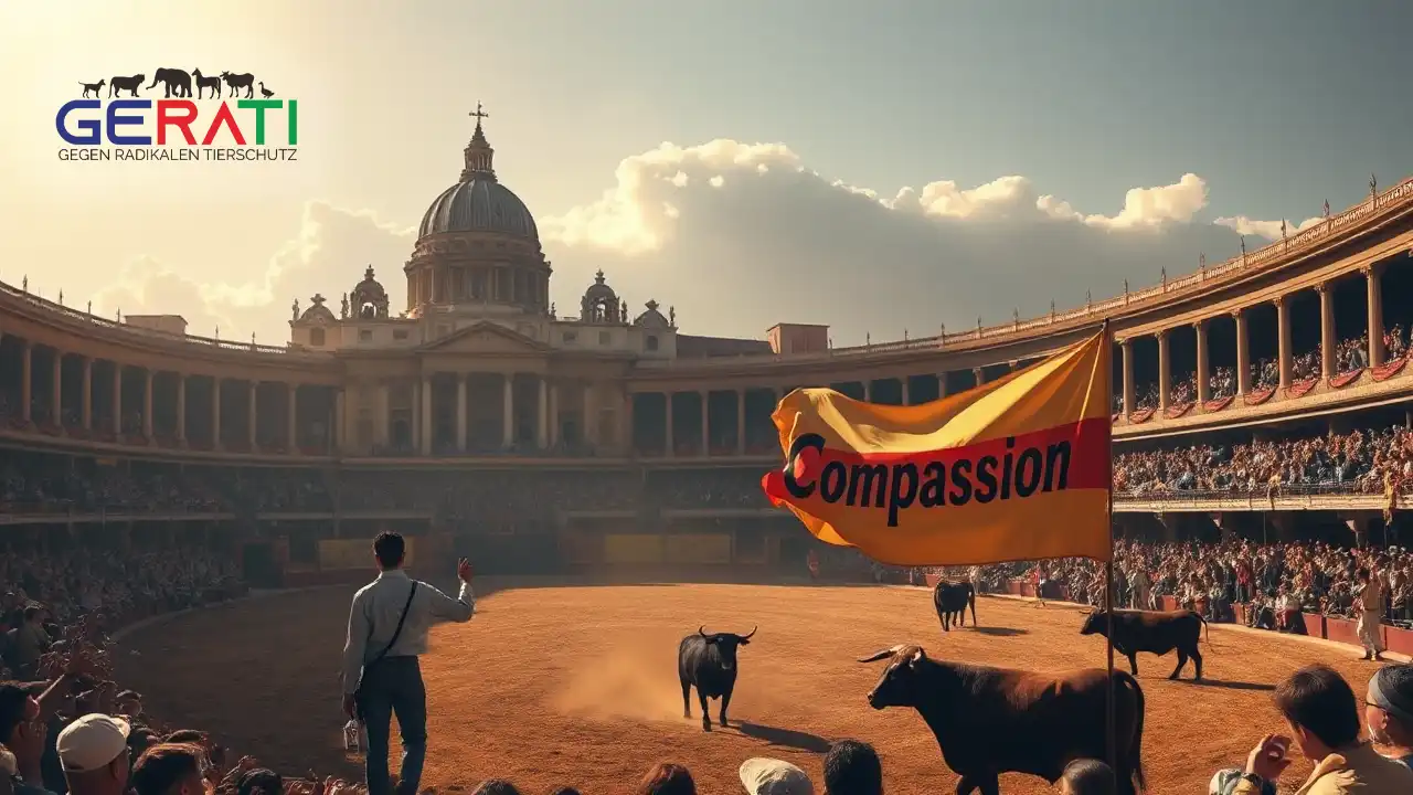 Ein fotorealistisches Bild eines Protestierenden mit einem „COMPASSION“-Schild in einer vollbesetzten Stierkampfarena. Im Hintergrund erhebt sich symbolisch der Petersdom, während Wolken die Umrisse eines Stiers und eines Kreuzes bilden. Das Bild kontrastiert den kulturellen Stierkampf mit der Forderung nach Mitgefühl und kirchlicher Stellungnahme.