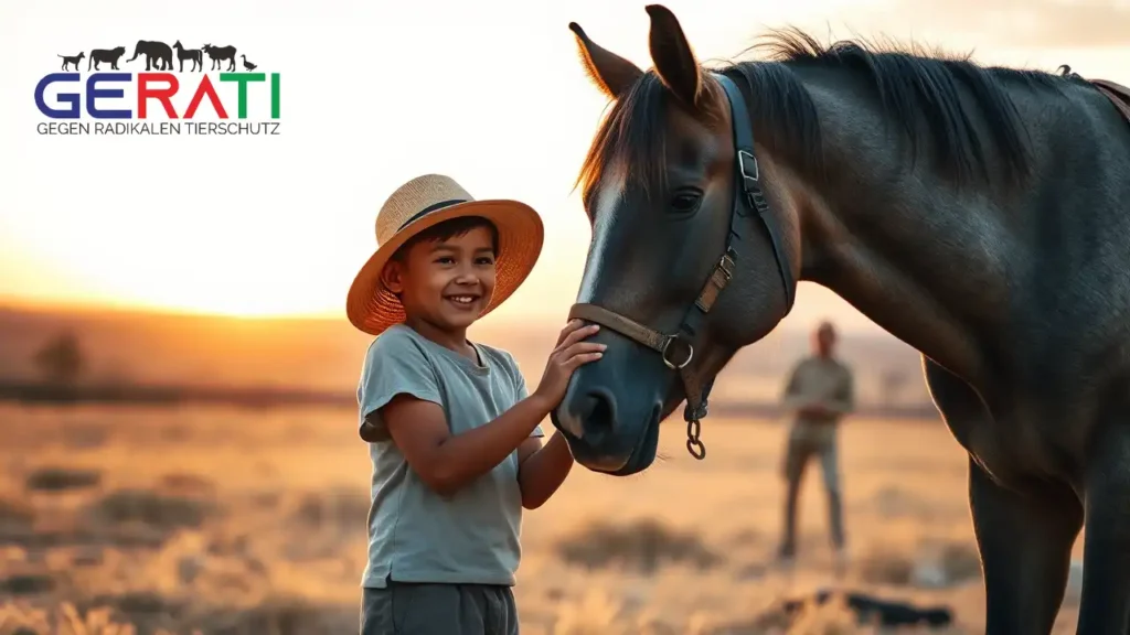 Ein Kind mit besonderen Bedürfnissen streichelt liebevoll ein ruhiges Therapiepferd in einer natürlichen Landschaft Namibias. Die Szene zeigt eine einfühlsame Begegnung im Rahmen der Pferdetherapie Namibia.
