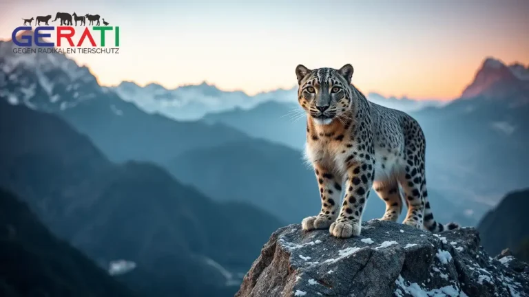 Ein Schneeleopard steht auf einem Felsen im Himalaya, mit dramatischem Sonnenaufgang und im Hintergrund sichtbarer menschlicher Eingriff in die Natur.