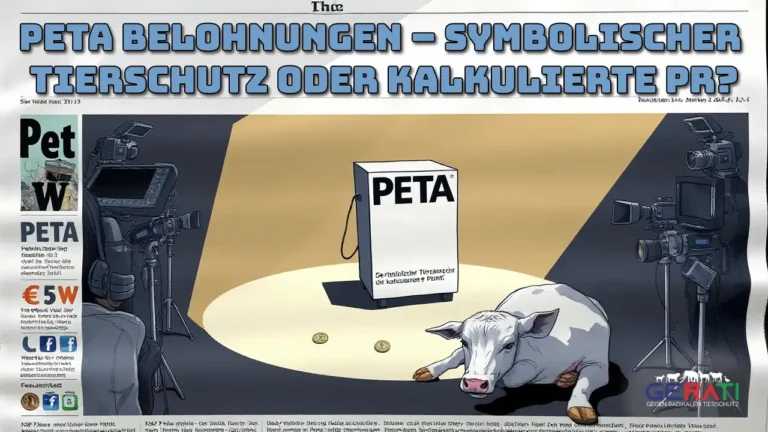 Ein verletztes Kalb liegt im Schatten, während Kameras und Mikrofone auf eine PETA-Spendenbox mit der Aufschrift „PETA Belohnungen“ gerichtet sind.