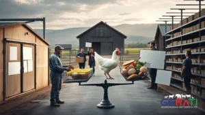 Symbolisches Bild zur Debatte über Tierschutz und Lebensmittelversorgung in Deutschland: ein geschlossener Schlachthof, ein besorgter Landwirt und leere Supermarktregale im Kontrast zu Aktivisten und ländlicher Umgebung.