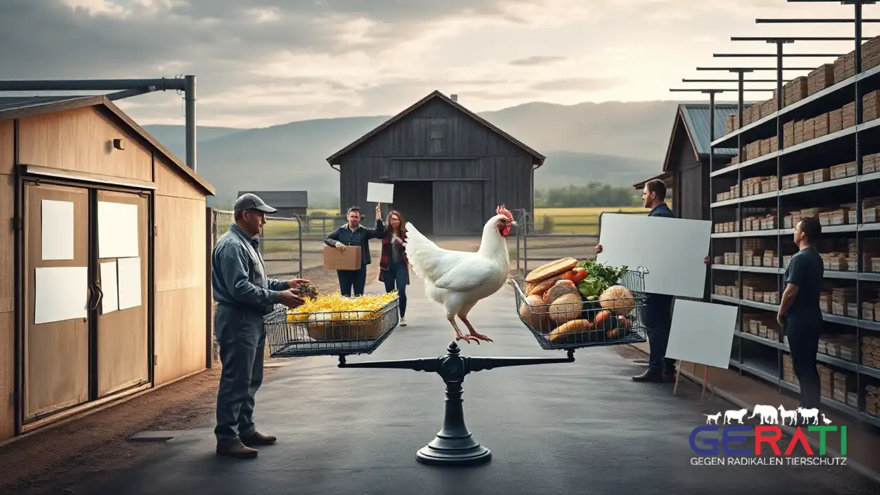 Symbolisches Bild zur Debatte über Tierschutz und Lebensmittelversorgung in Deutschland: ein geschlossener Schlachthof, ein besorgter Landwirt und leere Supermarktregale im Kontrast zu Aktivisten und ländlicher Umgebung.