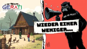 Symbolisches Titelbild zum Konflikt zwischen dem Great Ape Project und dem Dinozoo Metelen: Ein friedlicher, kleiner Zoo im Kontrast zu einem übergroßen Schattenaktivisten, der mit dramatischer Propaganda agiert.