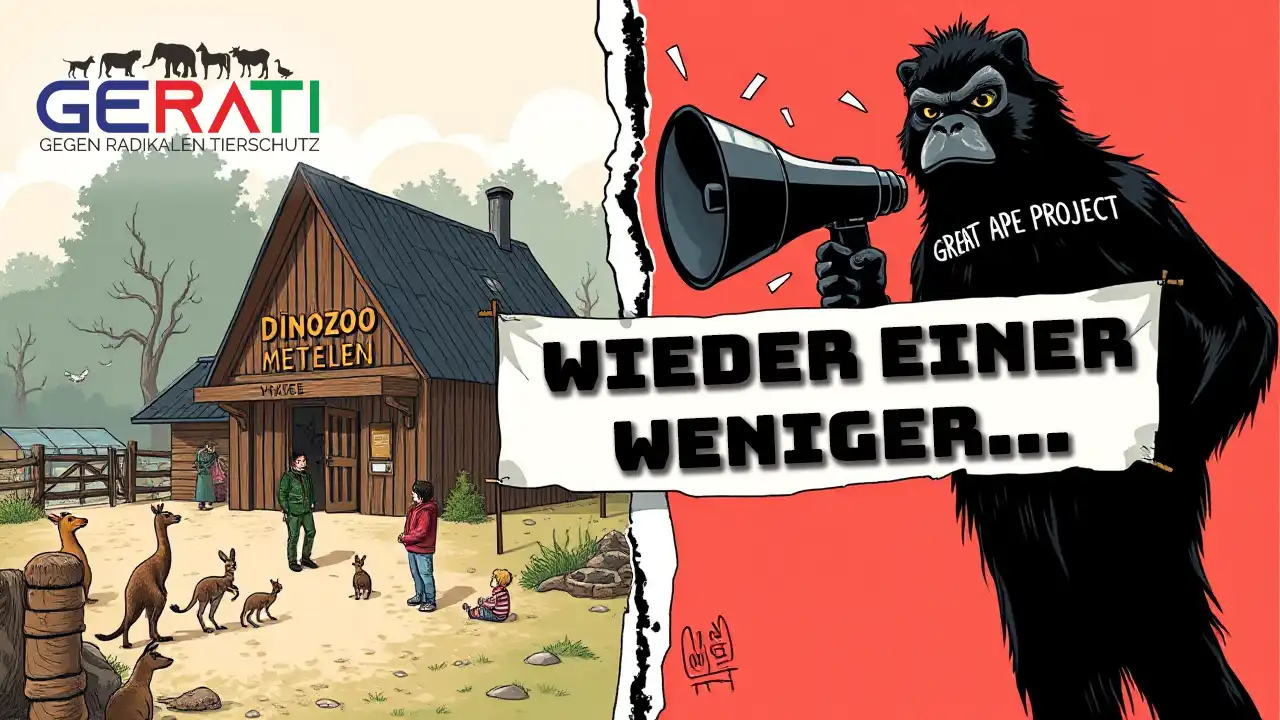 Symbolisches Titelbild zum Konflikt zwischen dem Great Ape Project und dem Dinozoo Metelen: Ein friedlicher, kleiner Zoo im Kontrast zu einem übergroßen Schattenaktivisten, der mit dramatischer Propaganda agiert.
