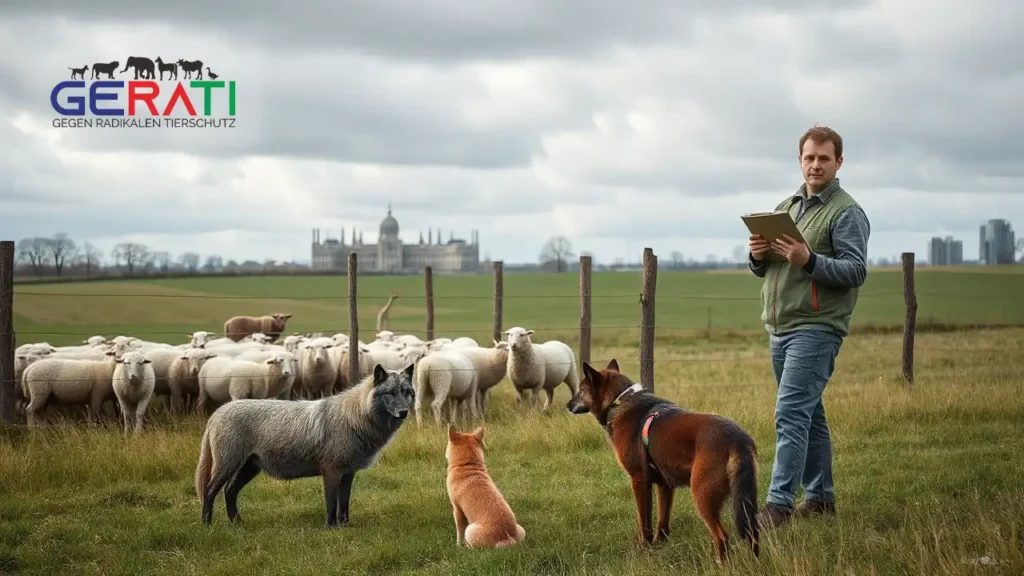 in Bauer mit Herdenschutzhund beobachtet seine Schafe auf einer eingezäunten Weide, während im Hintergrund ein Wolf am Zaun steht – symbolische Darstellung des Themas „Wolfsabschuss EU-Parlament 2025“.