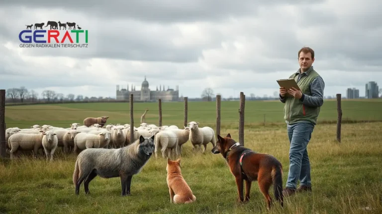 in Bauer mit Herdenschutzhund beobachtet seine Schafe auf einer eingezäunten Weide, während im Hintergrund ein Wolf am Zaun steht – symbolische Darstellung des Themas „Wolfsabschuss EU-Parlament 2025“.