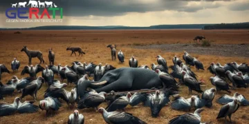Dutzende tote Geier liegen um einen vergifteten Elefantenkadaver im Kruger-Nationalpark – Symbol für das stille Massensterben durch Wilderei in Afrika.