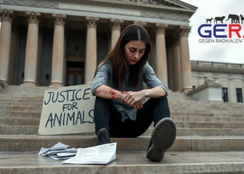 Junge Frau sitzt erschöpft auf den Stufen eines Gerichtsgebäudes, mit gesenktem Kopf und einem zerknitterten Protestplakat in der Hand.