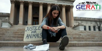 Junge Frau sitzt erschöpft auf den Stufen eines Gerichtsgebäudes, mit gesenktem Kopf und einem zerknitterten Protestplakat in der Hand.