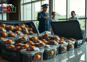 Offene Koffer mit lebenden Einsiedlerkrebsen in bunten Schneckengehäusen, entdeckt von japanischer Polizei und Hotelpersonal.