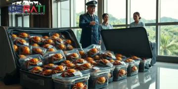 Offene Koffer mit lebenden Einsiedlerkrebsen in bunten Schneckengehäusen, entdeckt von japanischer Polizei und Hotelpersonal.