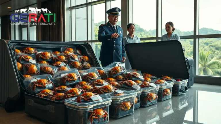 Offene Koffer mit lebenden Einsiedlerkrebsen in bunten Schneckengehäusen, entdeckt von japanischer Polizei und Hotelpersonal.