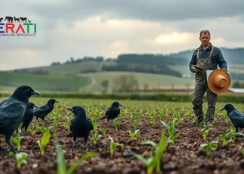 52 Saatkrähen zerstören junge Gemüsepflanzen auf einem Biobauernhof – ein Landwirt blickt besorgt auf das Feld.