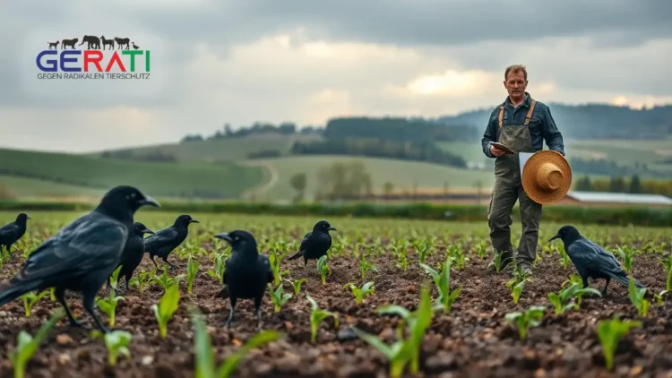 Saatkrähen zerstören junge Gemüsepflanzen auf einem Biobauernhof – ein Landwirt blickt besorgt auf das Feld.