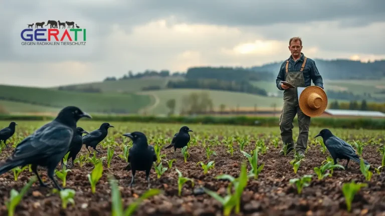Saatkrähen zerstören junge Gemüsepflanzen auf einem Biobauernhof – ein Landwirt blickt besorgt auf das Feld.