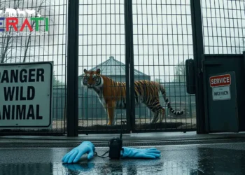 Tiger-Angriff in NRW: Wenn Sicherheitslücken zur Gefahr werden 23 Abgesperrtes Tigergehege mit Sicherheitsausrüstung im Vordergrund, nach einem Zwischenfall in einem Tierpark.