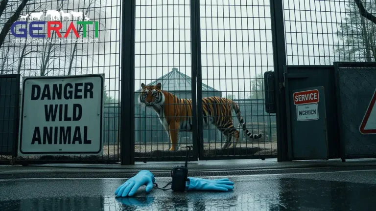 Abgesperrtes Tigergehege mit Sicherheitsausrüstung im Vordergrund, nach einem Zwischenfall in einem Tierpark.
