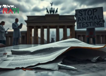 Zerrissenes Dokument zur Reduktionsstrategie Tierversuche auf einem Tisch mit Symbolfiguren aus Wissenschaft und Aktivismus im Hintergrund.