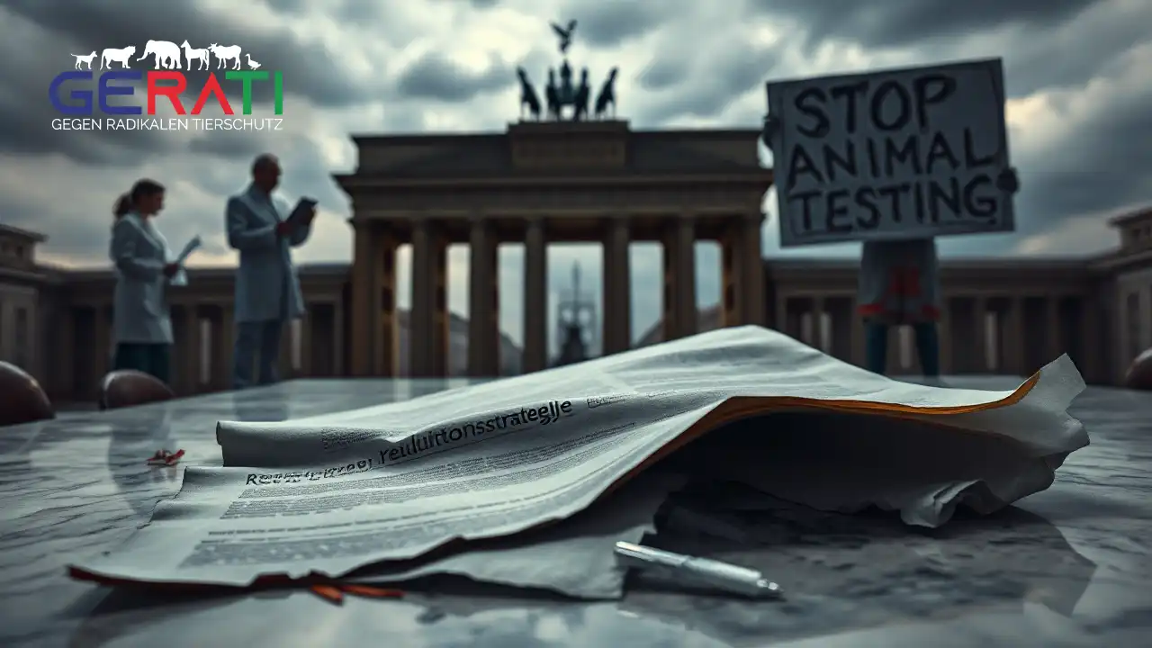 Zerrissenes Dokument zur Reduktionsstrategie Tierversuche auf einem Tisch mit Symbolfiguren aus Wissenschaft und Aktivismus im Hintergrund.