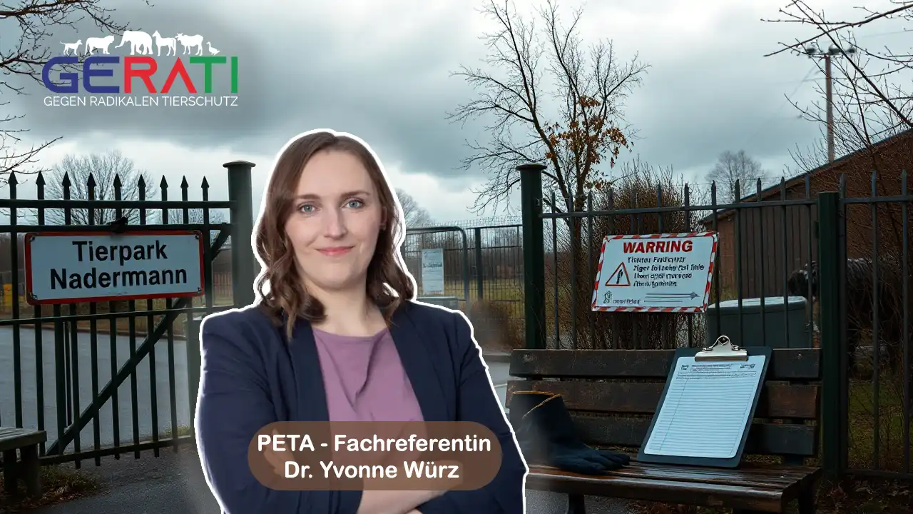 Eingang des Tierparks Nadermann mit Tigergehege im Hintergrund an einem wolkenverhangenen Tag mit Dr. Yvonne Würz