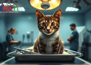 Das ethische Dilemma von PETA – Wenn Zwangskastration die Selbstbestimmung eines Tieres einschränkt 30 Eine Hauskatze sitzt allein auf einem OP-Tisch in einer Tierklinik, beleuchtet von kaltem Licht, umgeben von chirurgischen Instrumenten.