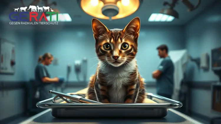 Eine Hauskatze sitzt allein auf einem OP-Tisch in einer Tierklinik, beleuchtet von kaltem Licht, umgeben von chirurgischen Instrumenten.