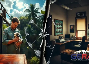 Fotorealistische Szene zum Thema Great Ape Project Kritik: Kontrast zwischen erfolgreichem Artenschutz in Madagaskar und ideologischer Stagnation.