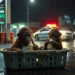 Zwei Orang-Utan-Babys in einem Plastikkorb an einer thailändischen Tankstelle, umgeben von Polizei.