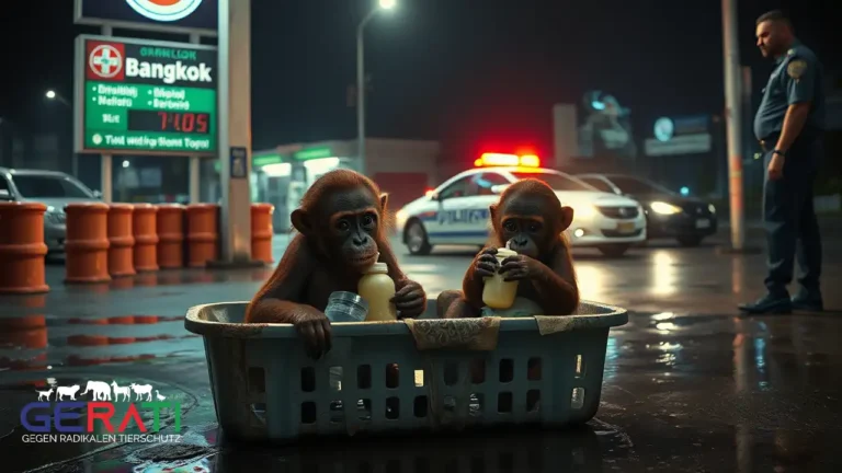 Zwei Orang-Utan-Babys in einem Plastikkorb an einer thailändischen Tankstelle, umgeben von Polizei.