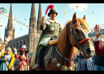 55 Reiter auf geschmücktem Pferd beim Kölner Karnevalsumzug vor jubelndem Publikum